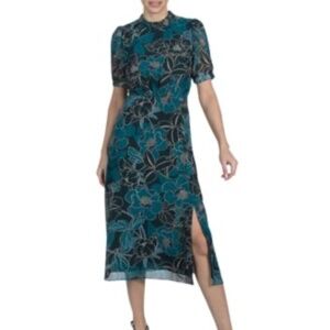 Julia Jordan Teal Multi Floral Chiffon Mock Neck Puff Sleeve Midi Dress